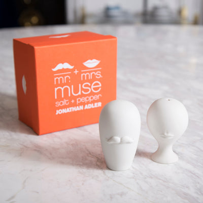 mr and mrs muse salt and pepper set porcelain white with box - styled view