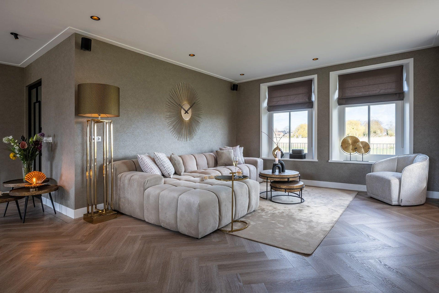 Richmond Interiors Richmond Interiors Ecksofa Cube 3 Sitzer mit Lounge Rechts | Samt Khaki Codeso Living