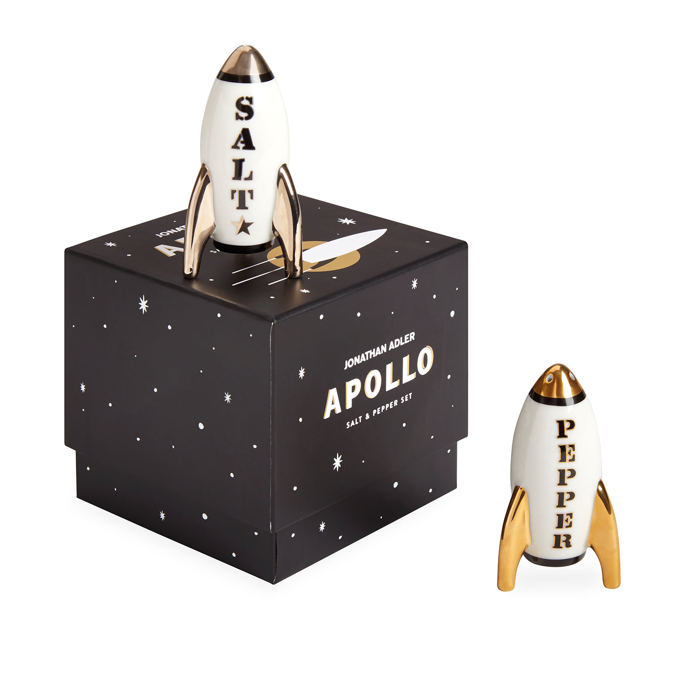 apollo salt and pepper set porcelain black white gold with box - angle view 2